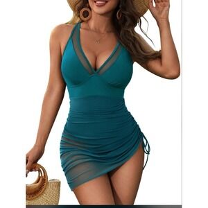 Ruched Swim Dress Teal Blue Halter Neck Mesh Accent Tummy Control Size M